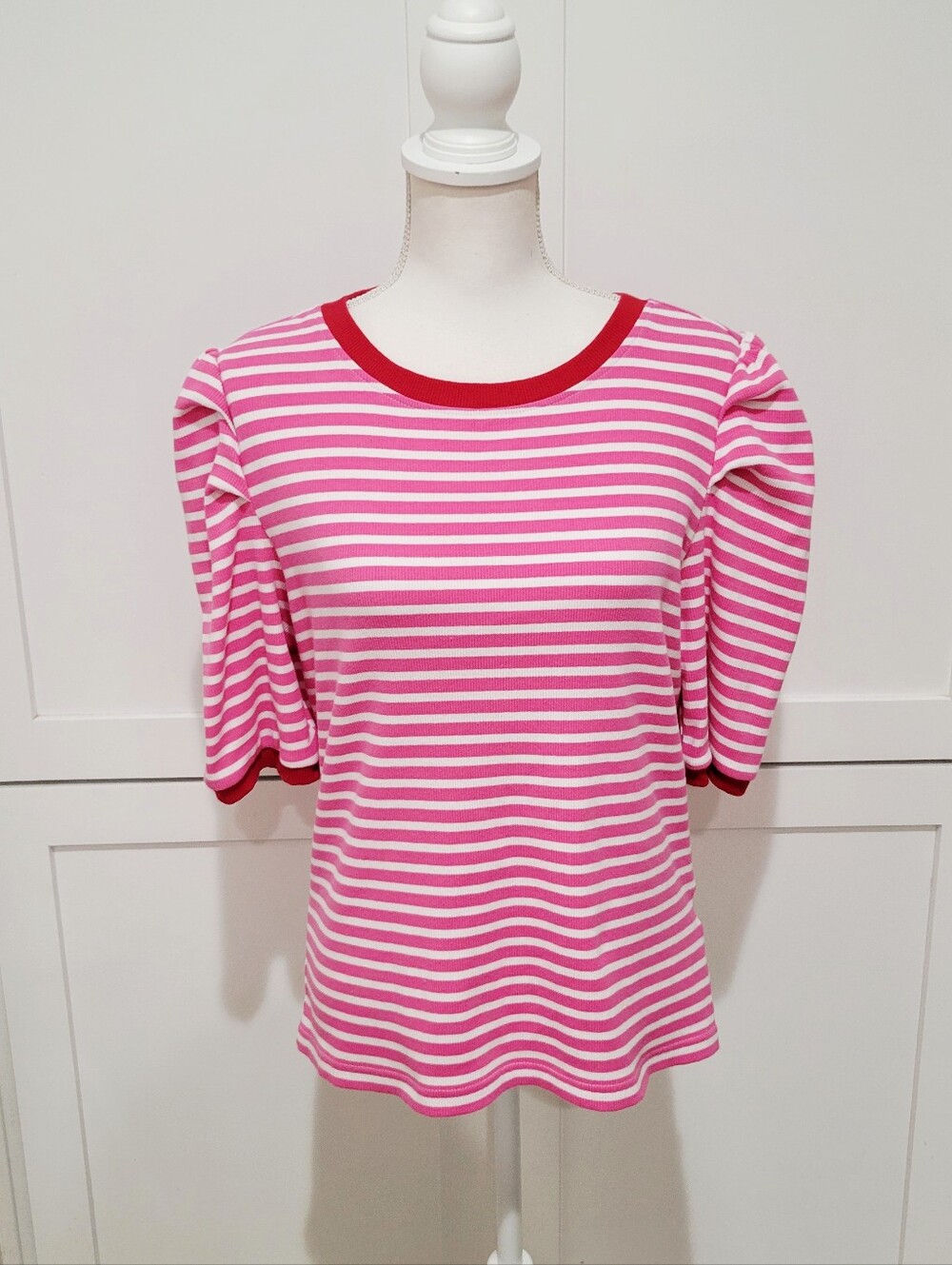 Rebecca Minkoff Pink & White Stripe Short Puff Sleeve Cottagecore Top | Size L